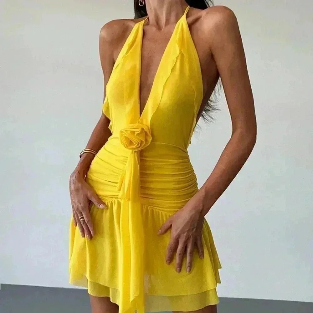 Yellow Sexy Women's Romantic Date Spaghetti Strap Deep V-Neck Bodycon Dress - Picture 3 of 7
